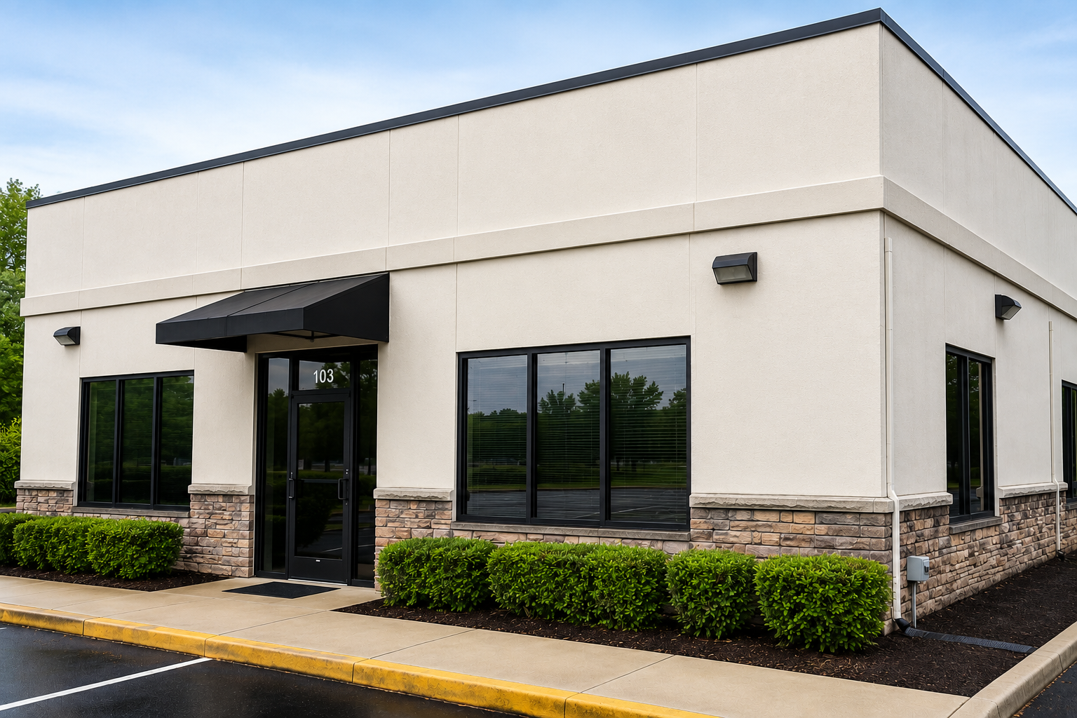 Clean small commercial building after professional exterior cleaning
