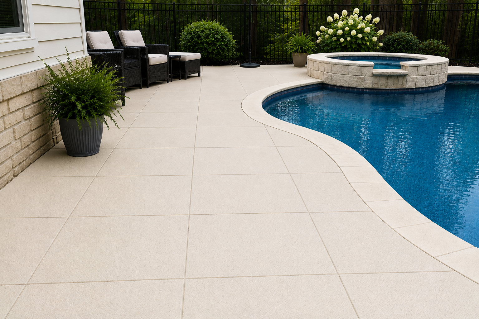 Clean pool deck and concrete patio after professional concrete cleaning