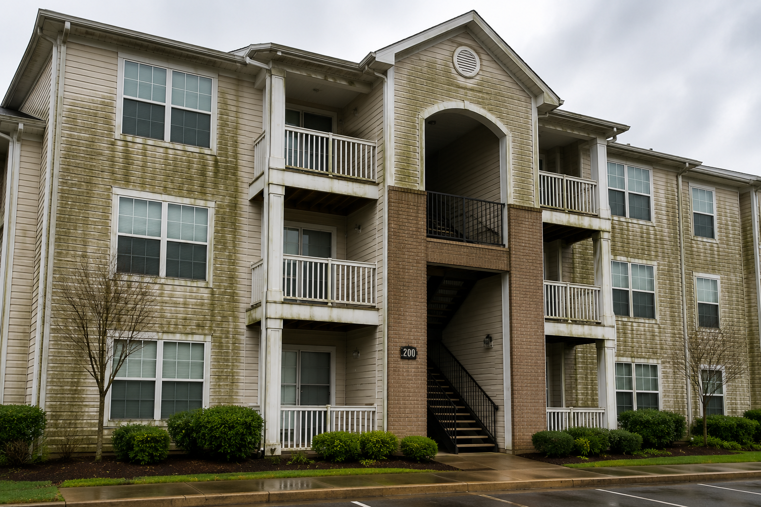 Apartment building before professional exterior cleaning