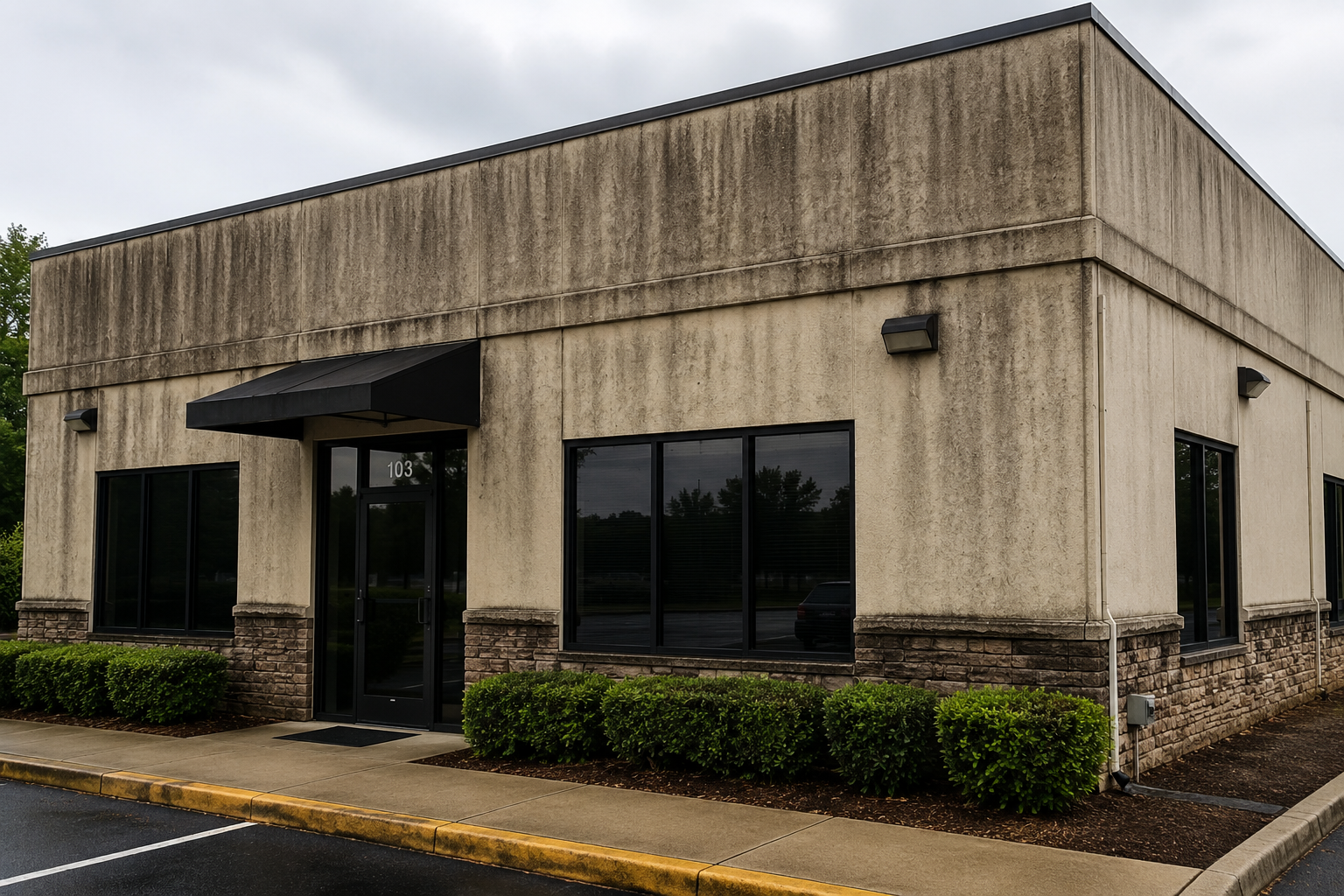 Dirty small commercial building before professional exterior cleaning
