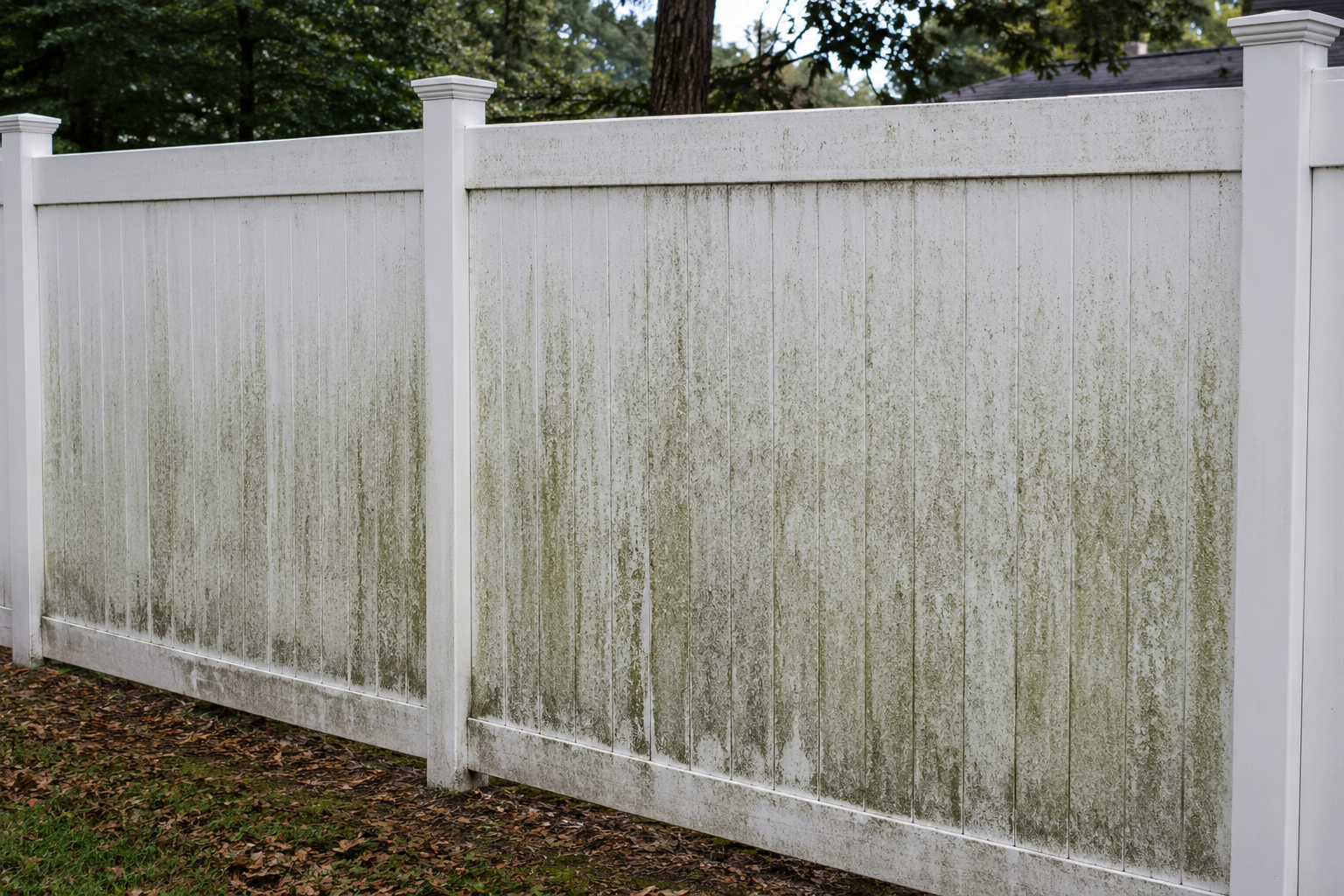 Dirty vinyl privacy fence before professional cleaning