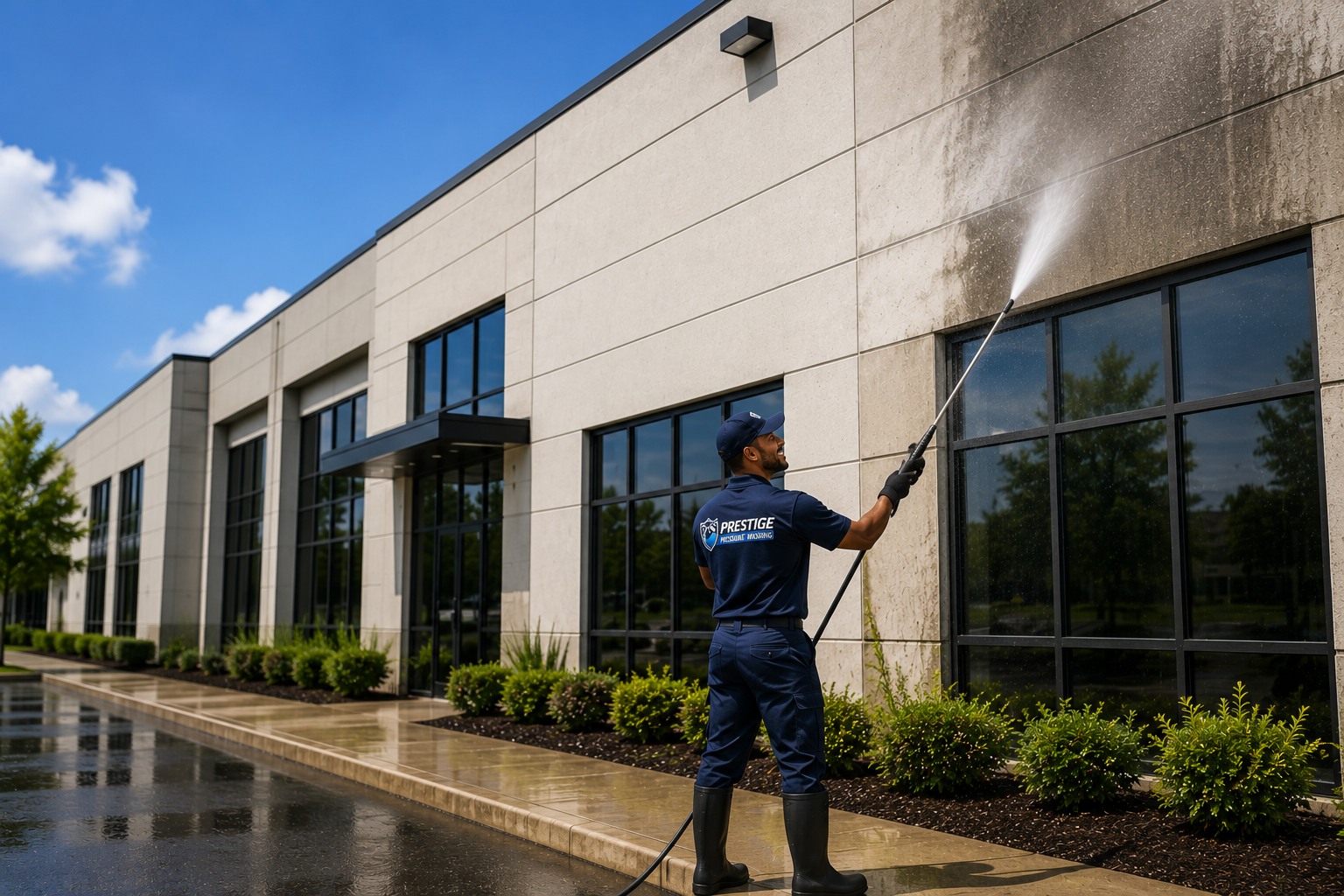 Clean commercial building after professional pressure washing